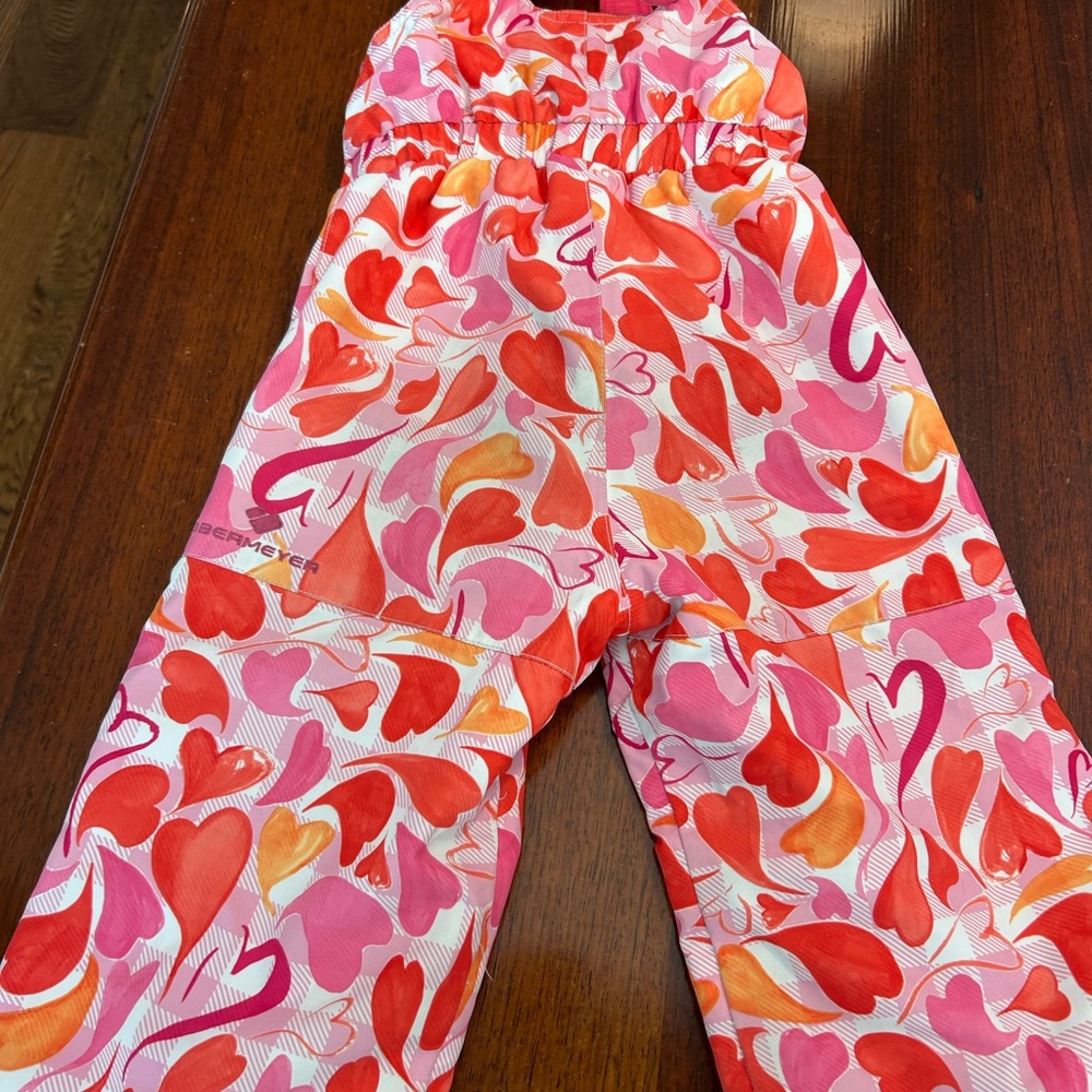 Obermeyer Pink and Orange Heart Print Snowpant bibs